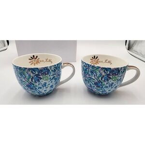 Lilly Pulitzer Coffee Mugs Set of 2 Floral Print Gold Handle New In Box Blue‎
